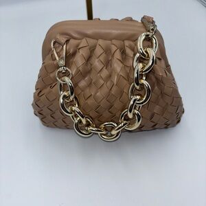 Chic Tan dumpling ruched Woven Clutch with Gold Chain